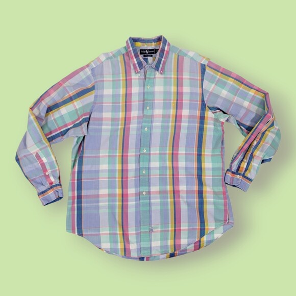 Ralph Lauren Mens 2XL Long Sleeve Button Down Shirt Blue Pink Green Plaid - Picture 1 of 5